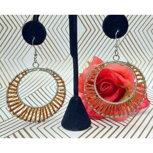 Pretty Large Silver Tone & Amber Color Seed Bead Statement Hoop Earrings Dangle